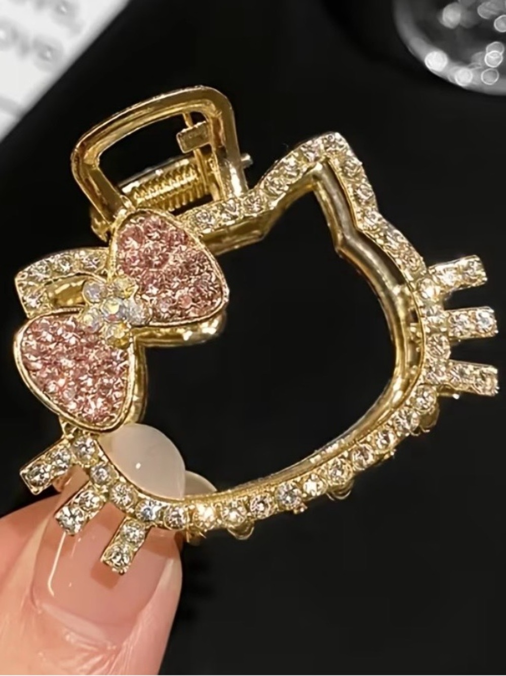 Golden Hello Kitty Hair Clip with Pink Crystal Bow